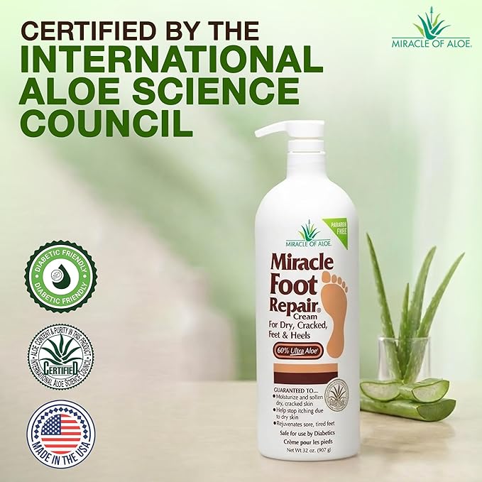 Miracle Foot Repair Cream (32 oz) Repairs Dry Cracked Heels and Feet, 60% Pure UltraAloe Moisturizes, Softens, and Repairs