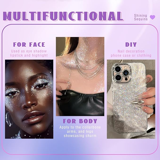 HOSAILY Roll-on Holographic Body Glitter Gel for Face Hair, Chameleon Color Changing Glitter Gel Under Light, Chunky Mermaid Sequins Festival Party Rave Accessories Shimmer Makeup (Silver)