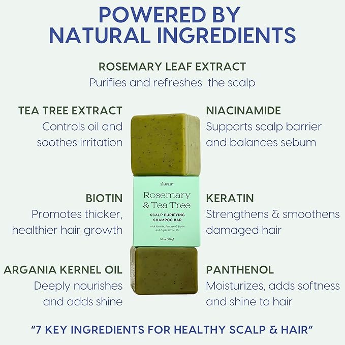 Rosemary & Tea-Tree Scalp Clarifying Shampoo Bar with Keratin, Panthenol, Biotin and Argan-Oil (5.2oz) | Sulfate Free, All Natural, Hair Moisturizing & Nourishing Soap, Deep Cleansing Solid Shampoo