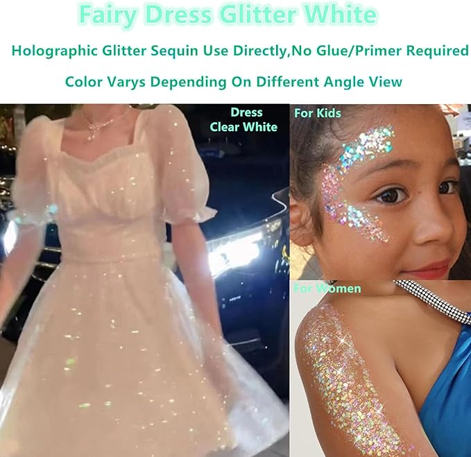 Go Ho Clear White Face Body Glitter - Party Flash Festival Rave Outfits for Women&Kids,Holographic Glitter Rainbow White Face Paint,Halloween Mermaid Fairy Makeup Chunky Sequins Gel,Rave Accessories