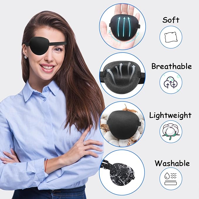 6pcs Eye Patches,Comfortable Adjustable Medical Eyepatch for Right or Left,Soft Lazy Eye Path for Pirate Costume Black,Blue,Red,Brown,Gray