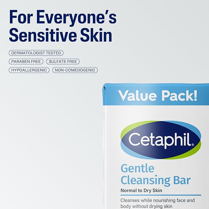 Cetaphil Gentle Cleansing Face and Body Bar, 4.5 oz Bar (Pack of 6), Nourishing Cleanser Bar For Dry, Sensitive Skin, Non-Comedogenic, (Packaging May Vary)