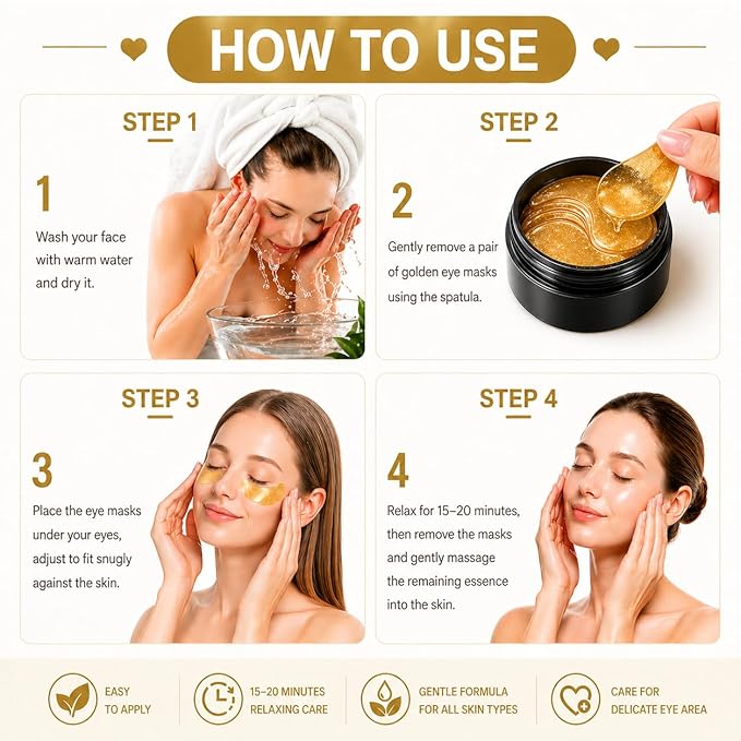 24K Gold Under Eye Patches (60 Pcs) - Collagen & Peptide Eye Masks for Dark Circles, Puffy Eyes & Wrinkles, Hydrating Cooling Eye Patches with Caffeine & Hyaluronic Acid, Suitable for Men & Women