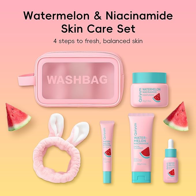QUIYUM Watermelon Skin Care for Teen Girls, Daily Routine Skincare Sets- Smooth, Clean, Oil Control, Firm, Hydrate, Glow Up,, for All Skin 4PCS, Mother's Day Birthday Gift for Women, Wife, Girlfriend