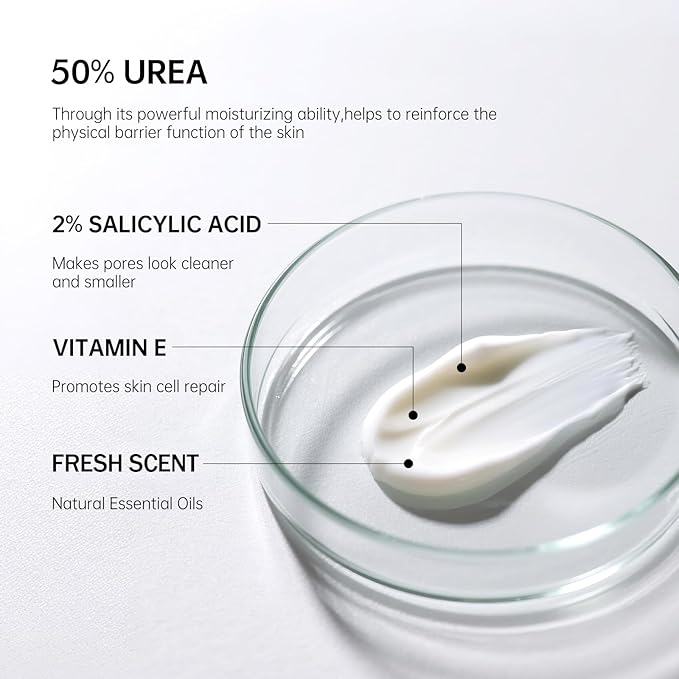 Urea Cream 50 Percent Feet Maximum Strength with Hyaluronic for Dry Skin Cracked Heels Callus Remover