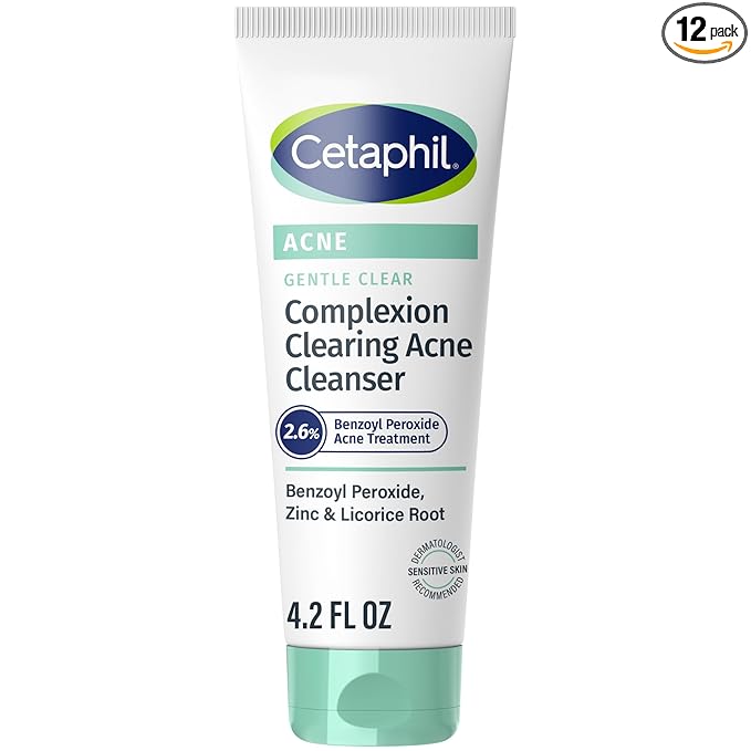 Cetaphil Gentle Clear Complexion-Clearing BPO Acne Cleanser with 2.6% Benzoyl Peroxide, Creamy and Soothing for Sensitive Skin, Suitable for All Skin Types, 4.2oz (Pack of 12)