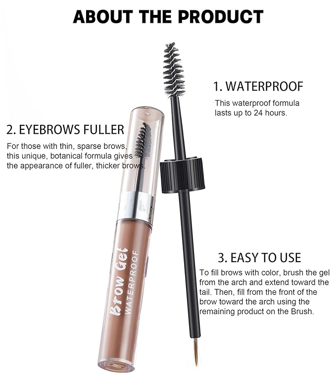 Waterproof Eyebrow Gel 8 Colors Full-pigmented Long Lasting Liquid Brow Gel for Fuller & Defined Looking (#03 Medium Brown）