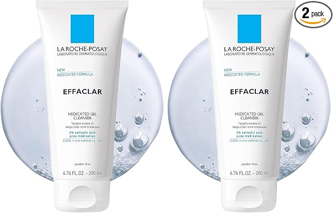 La Roche-Posay Effaclar Medicated Gel Cleanser,2% Salicylic Acid Cleanser + LHA + Glycerin,Foaming Acne Face Wash,Helps Clear & Prevent Acne Breakouts,Oil Free,Targets Excess Oil,(Pack of 2)