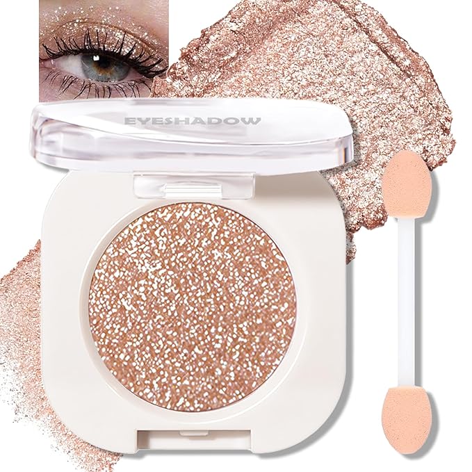 Light Brown Glitter Eyeshadow Palette, Single Shimmer Eye Shadow Palette Makeup Compact Pressed Powder Lightweight Blendable Highly Pigmented Sparkle Eye Highlighter for Women Travel-Friendly