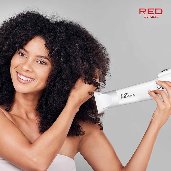 Red by Kiss Handle-Less Ceramic Tourmaline Hair Dryer, 1875W Ergonomic Grip, White, Includes 3 Attachments, For Detangling, Straightening, and Frizz-Free Shine