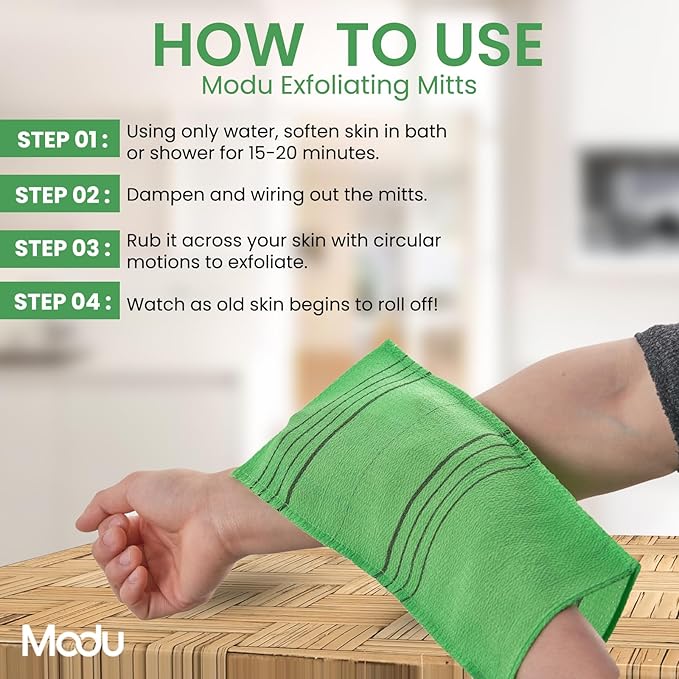 Modu Korean Exfoliating Mitts Large 4PCS (Green, Yellow, Sky Blue, Pink) – Exfoliating Gloves Body Scrubber Italy Towel Washcloth for Korean Spa at Home, Dead Skin Remover, 100% Vegan Viscose