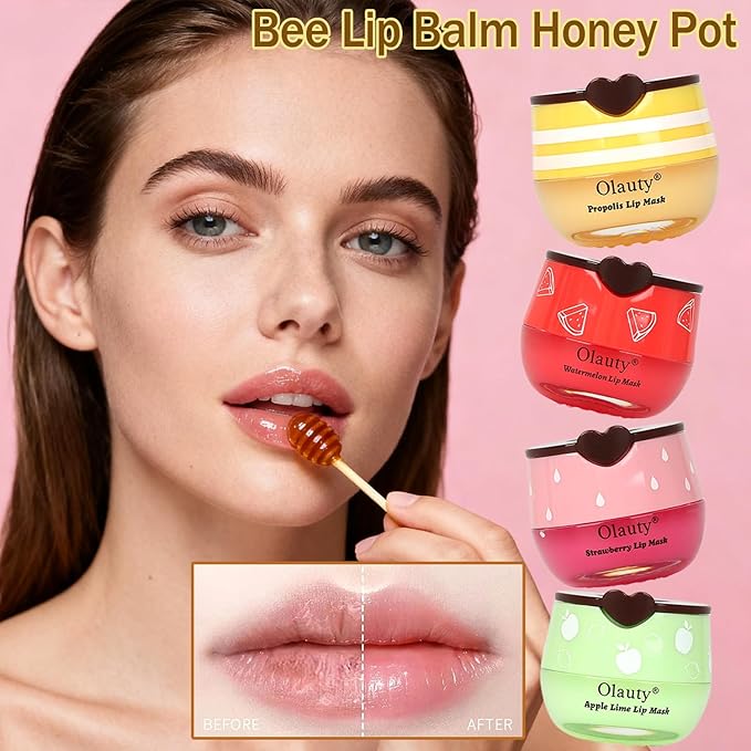 4 PCS Bee Lip Balm Honey Pot, Honey Balm Moisturizing Lip Mask Hydrating Prevention Dry and Cracked Lip Scrubs Exfoliator, Lip Exfoliating Sleeping Lip Mask, Reduces Lip Lines