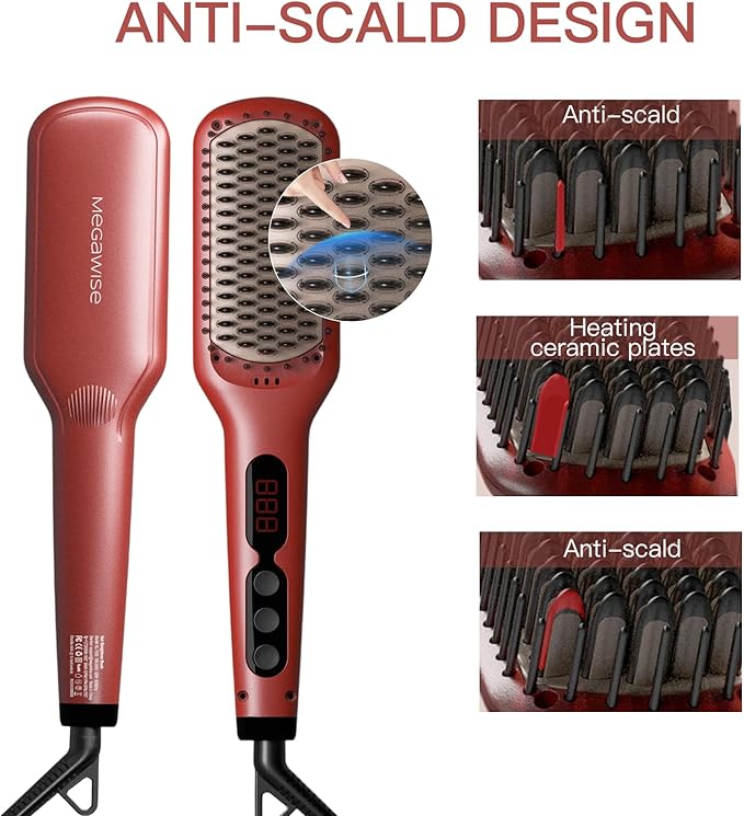 Megawise Pro Ceramic Ionic Hair Straightener Brush – Fast 20s Heating, Auto-Off, Anti-Scald, Dual Voltage, Rotatable Power Cord – Home Salon Styling (Tomato Red)