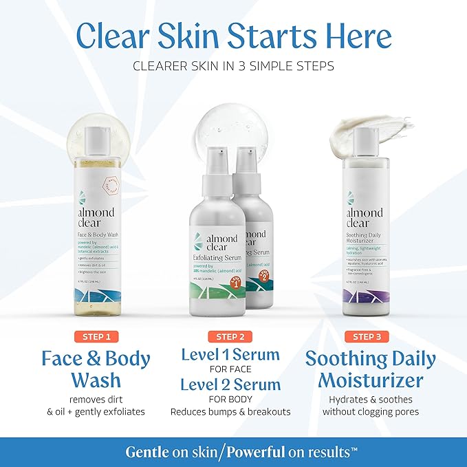 Almond Clear Face & Body Wash [6.7 Fl Oz] Skin Care for Acne and Folliculitis-Prone Skin - Gentle Everyday Exfoliating Cleanser with Mandelic Acid and Botanicals