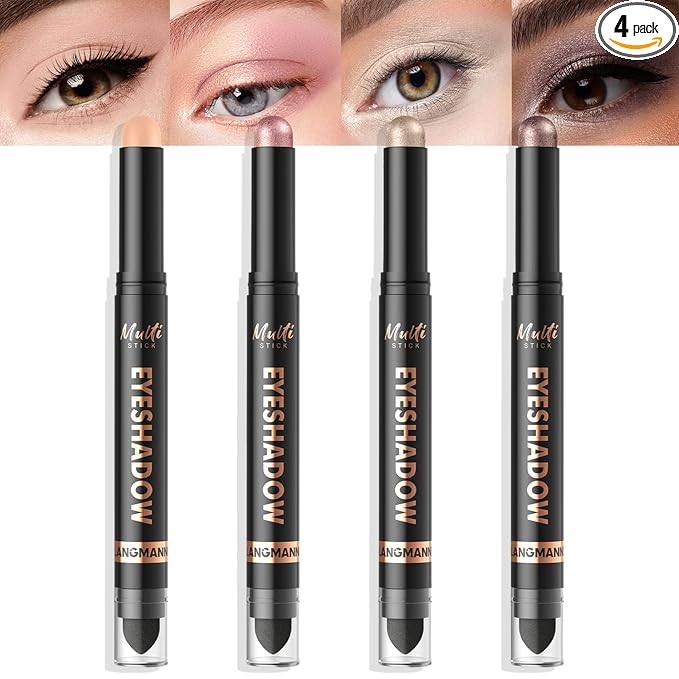 LANGMANNI 4Colors Dual-Ended Cream Eyeshadow Stick Set – Silky Smooth, Waterproof & Transfer-Proof, Built-in Blender Brush, All-Day Matte & Shimmer Wear Eye Makeup(#5+6+7+8)