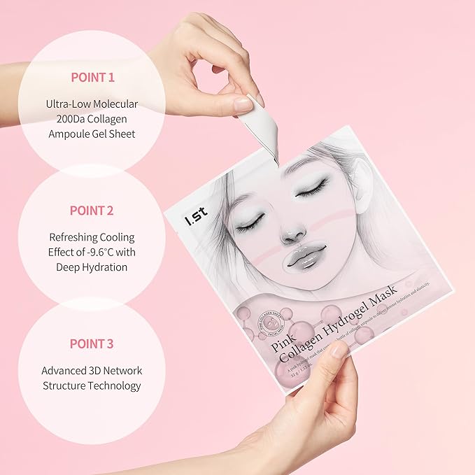 I.st Pink Collagen Hydrogel Face Mask, Ampoule-Infused Korean Sheet Mask, Cooling Hydration, Firm-Looking Glow, 1.12 Oz x 5ea