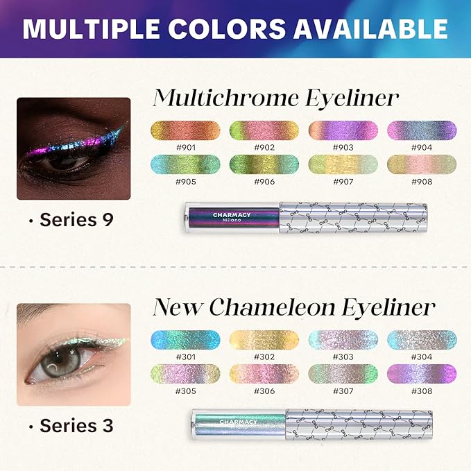 CHARMACY Chameleon Liquid Eyeliner, Liquid Glitter Eyeliner, Highly Pigmented, Metallic Intense MultiColor Shifting waterproof Eyeliner, Ultra-Fine Tip, Longwearing, Smudge-proof (#SET2-902/904/906)