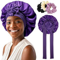 AWAYTR Purple Satin Bonnet with 3 Hair Scrunchies for Women - Large, 2-Layered Silk Sleeping Cap for Sleeping, Hair Care