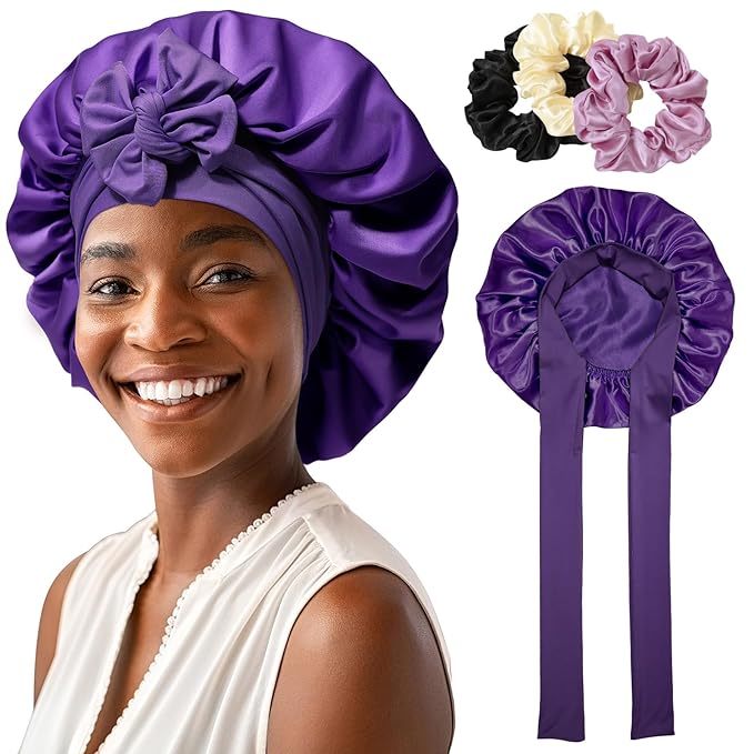 AWAYTR Purple Satin Bonnet with 3 Hair Scrunchies for Women - Large, 2-Layered Silk Sleeping Cap for Sleeping, Hair Care