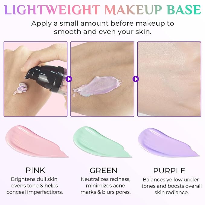 Primer for Face, 3 In 1 Face Primer Before Makeup, Moisturizes-Sunscreen Cream SPF50+ Triple-Tone Color Corrector for Isolation, Smoothing Skin Gripping