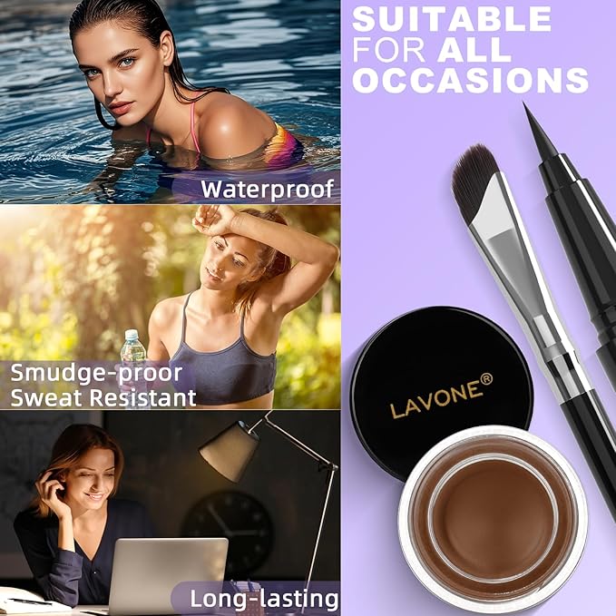 LAVONE Eyeliner Set - Waterproof Makeup Kit with Liquid Eye Liner Pencil, Gel Eyeliner and Angled Eye Liner Brush, Waterproof, Smudge Resistant, Long Lasting Formula - Light Brown