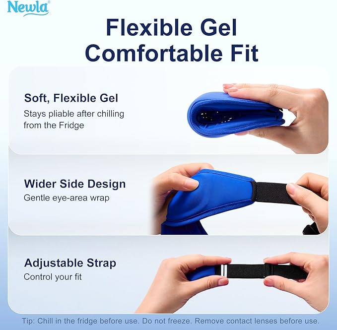 Cooling Gel Eye Mask for Puffy Eyes, Contoured Cold Compress for Eyes, Reusable Cold Eye Mask for Puffiness, Migraine & Tired Eyes, Post Surgery, Ice Gel Pack for Eye Care, Adjustable Strap (Blue)