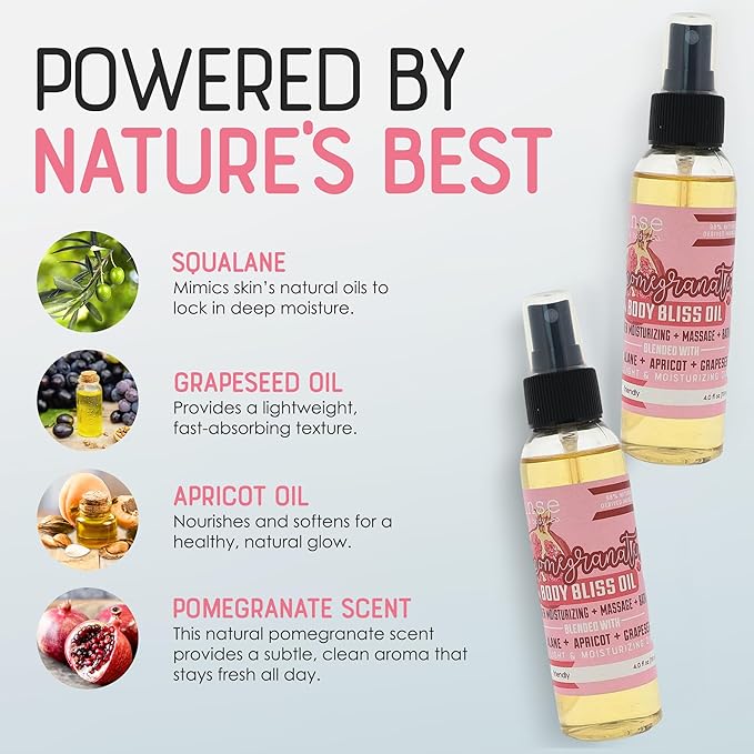 Rinse Bath & Body Pomegranate Body Oil Moisturizer Spray - Natural Lightweight Fast Absorbing with Squalane, Grapeseed, Apricot & Vitamin E Oil for All Skin Types, 4 fl oz