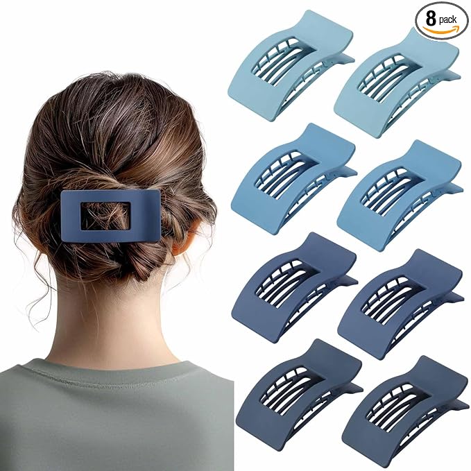 8 Pack French Flat Hair Clips for Women – Large Matte No-Slip Claw Barrettes for Thick & Thin Hair, Strong Hold Styling Accessories (Blue)