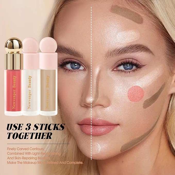 Liquid Contour,Liquid Highlighter, Blush with Face Brush Long Lasting Smooth Lightweight Smudge Proof Contour+ Blush+ Highlighter