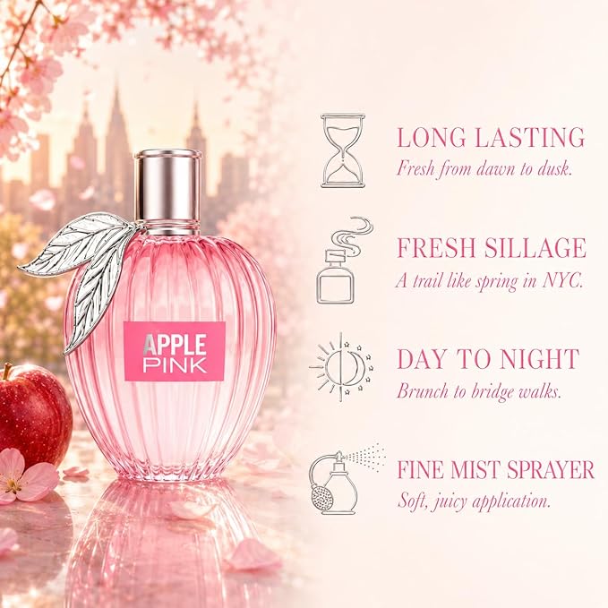 Big Apple Pink Eau de Parfum for Women, 100ml / 3.4 fl oz Long-Lasting Perfume Spray, Fresh Fruity Floral Fragrance with Grapefruit, Apricot, Rose, Jasmine & Red Apple, Cruelty Free & Vegan