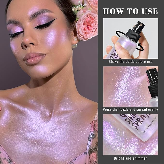 HOSAILY Body Glitter Spray - Light Purple Body Shimmer for Face, Hair & Body, Moisturizing Luminizer Glow Illuminator, Quick-Drying Sparkling Glitter Spray Liquid Highlighter Makeup (#06)
