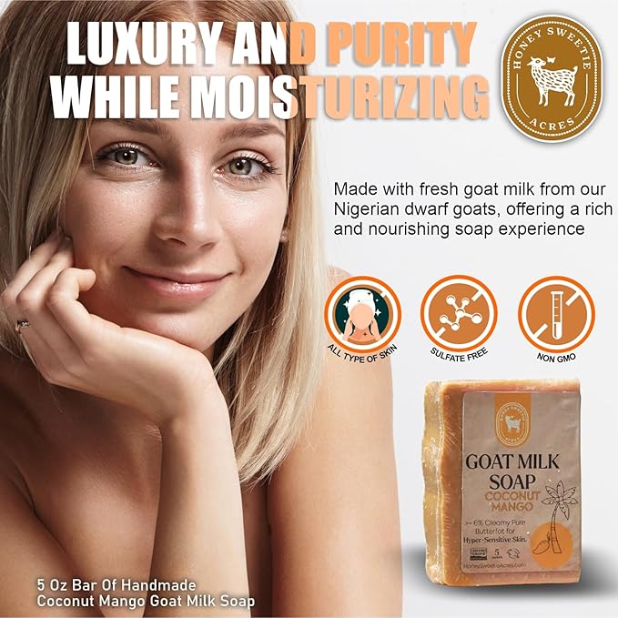 Honey Sweetie Acres Coco Mango Goat Milk Soap - Handmade 5 oz Bar, Made with Natural Ingredients, Moisturizing & Gentle, Made in the USA