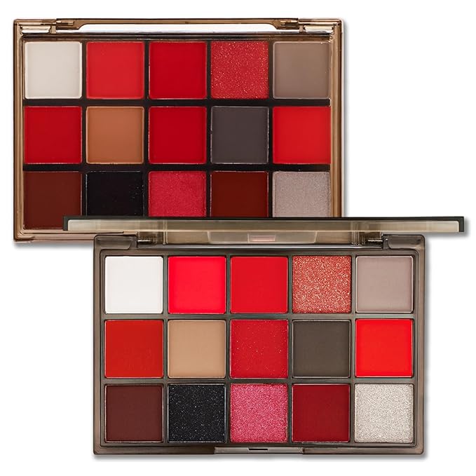 Erinde Red Eyeshadow Palette, 15 Colors Burgundy Gray Silver Eye Shadow Pallet, Matte, Shimmer, Glitter & Metallic, Highly Pigmented Blendable Makeup Kit for Halloween Costume, Cosplay & Party Looks
