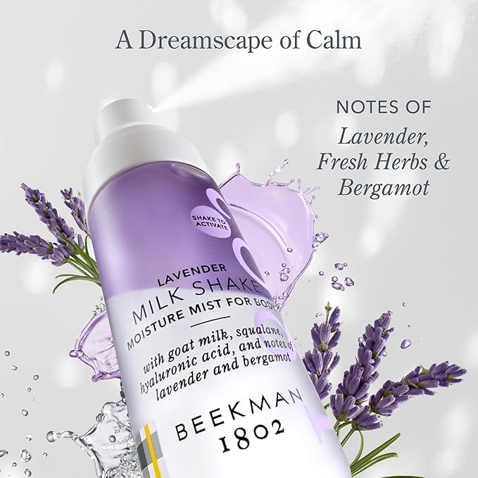 Beekman 1802 Milk Shake Hydrating Body Mist – Alcohol-Free Moisture with Goat Milk, Hyaluronic Acid & Squalane, Lightweight Skin Softening Spray for Sensitive Skin – Lavender, 4.7 Fl Oz