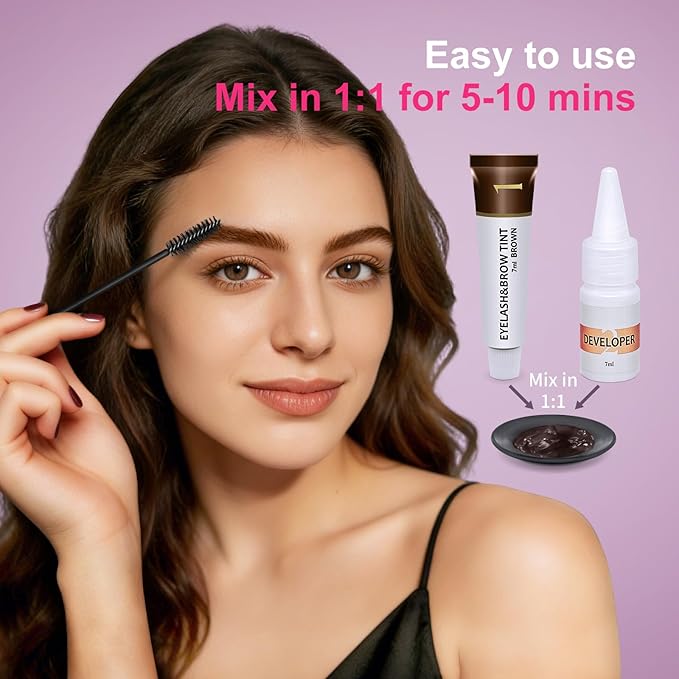 Eyelash & Eyebrow Color Kit, Brown Lash & Brow Color Kit, Eyebrow Coloring Set with Natural Bushy Results, Easy Use & Salon at Home, 7ml, Brown