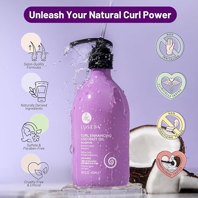 Luseta Curly Hair Shampoo and Conditioner with Coconut Oil for Curly,Wavy, Coily Hair – Sulfate-Free Travel Size Shampoo and Conditioner for Defined, Frizz-Free Curls(2x16.9 FL Oz + 2x1.01 FL Oz)