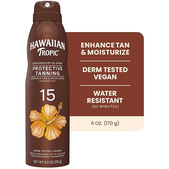 Hawaiian Tropic Dry Oil Tanning Spray Sunscreen SPF 15, 6 oz | Protective Sun Tanning Oil with SPF 15 Sunscreen, Oxybenzone Free, 6 oz