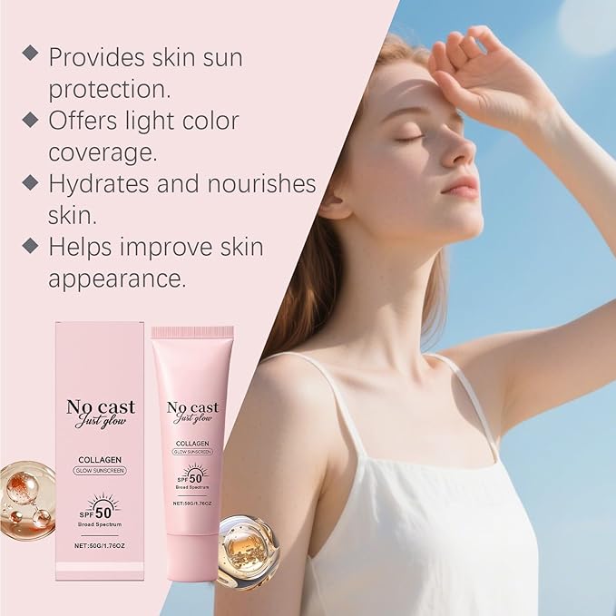 No Cast Just Glow Collagen Sunscreen, SPF 50 PA++++ Face Sunscreen with Peptide and Centella, Lightweight, Non-Sticky, Soothing Natural Sun screen Skincare