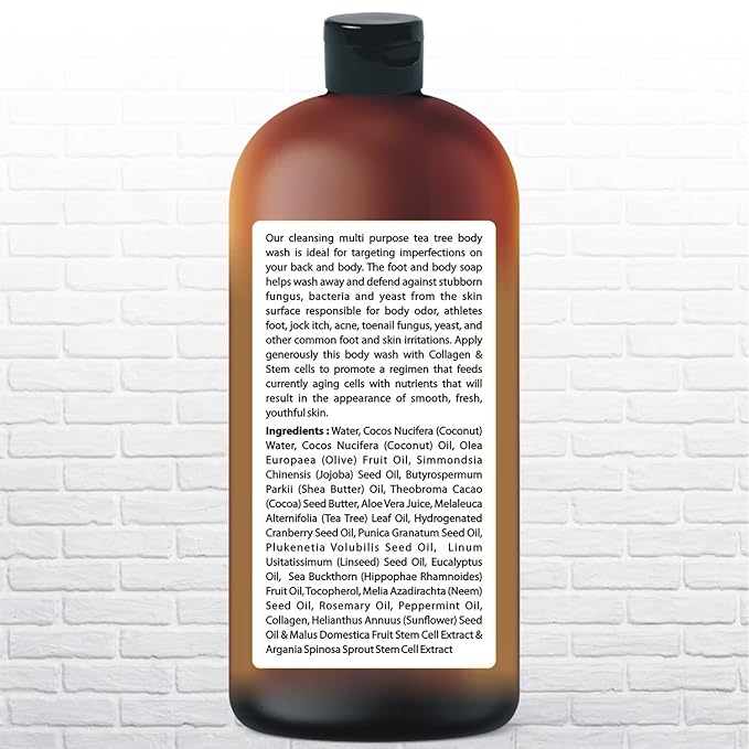 Tea Tree Body wash with Collagen and Stem Cells - Fights Odor, Acne & Skin Issues, sulfate free 16.9 oz