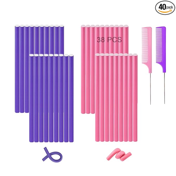 38Pcs Bendable Hair Curlers with Steel Pintail Comb - Foam Twist Rollers for Heatless Curls on All Hair Lengths
