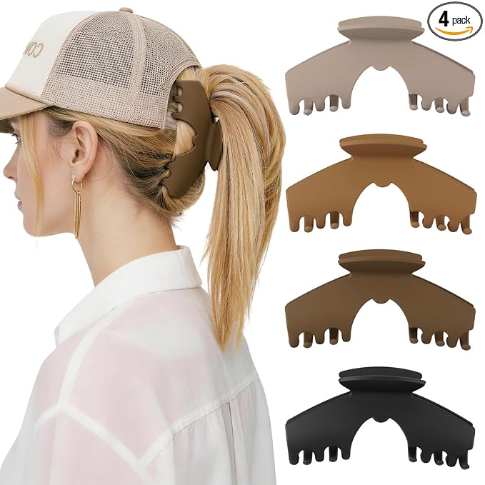 4 PCS Hat Claw Clip for Women - Hat-Friendly Claw Clip for Baseball Caps, Adjustable Trucker Hat Hair Clips for Thick Thin Hair, Large Hat Claw Clips for Gym Beach Holiday Outing, Brown