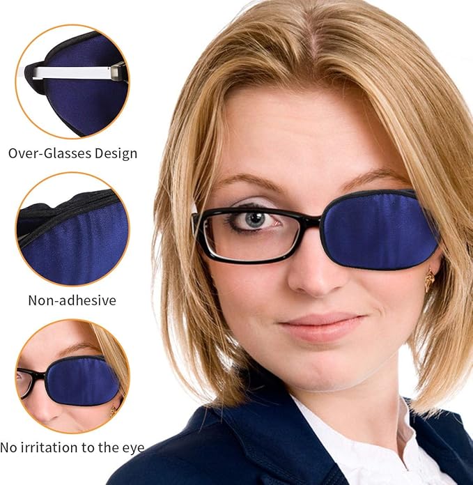 eZAKKA Eye Patches for Adults, Eye Patch for Glasses, Silk Patch for Lazy Eye Amblyopia Strabismus and After Surgery (Black with White Star+Navy)