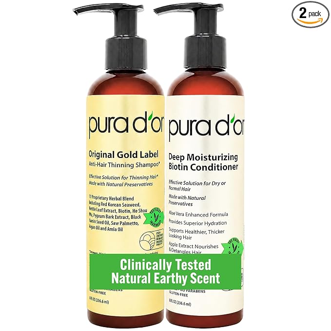 PURA D'OR Anti-Thinning Biotin Shampoo and Conditioner Natural Earthy Scent, CLINICALLY TESTED Effective Results, Herbal Blend Thickening Products For Women & Men, Original Gold Label Set, 8oz x2
