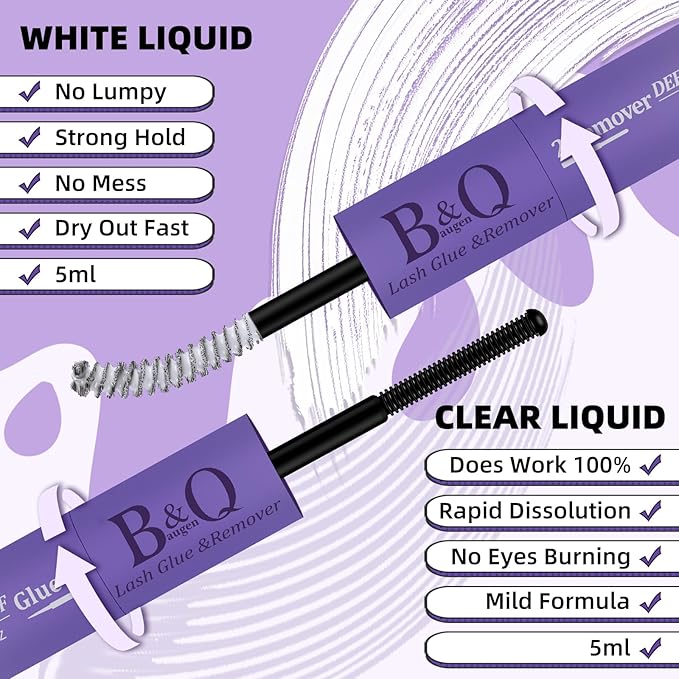 B&Q Lash Glue Remover Lash Glue Remover 2-in-1 Kit Lashs Cluster Glues for Eyelash Clusters with Gentle Lash Removers Waterproof Quick-Dry Formula Portable Travel-Friendly Design(Bond and Remover）