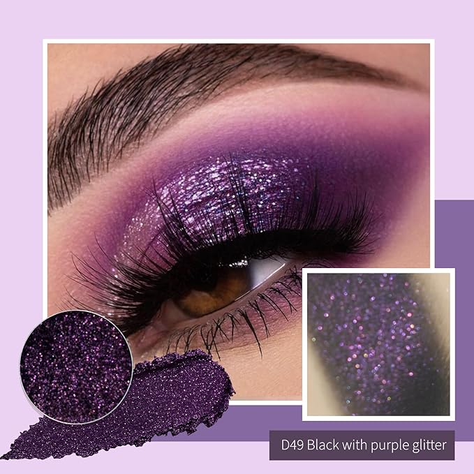 Refillable Eyeshadow Palette - Matte/Glitter/Duo-Chrome Pressed Powder & Cream Formula, Neutral/Shimmer/Smokey Multichrome, Travel-Friendly Iron Pan Refills (Glitter, D49)