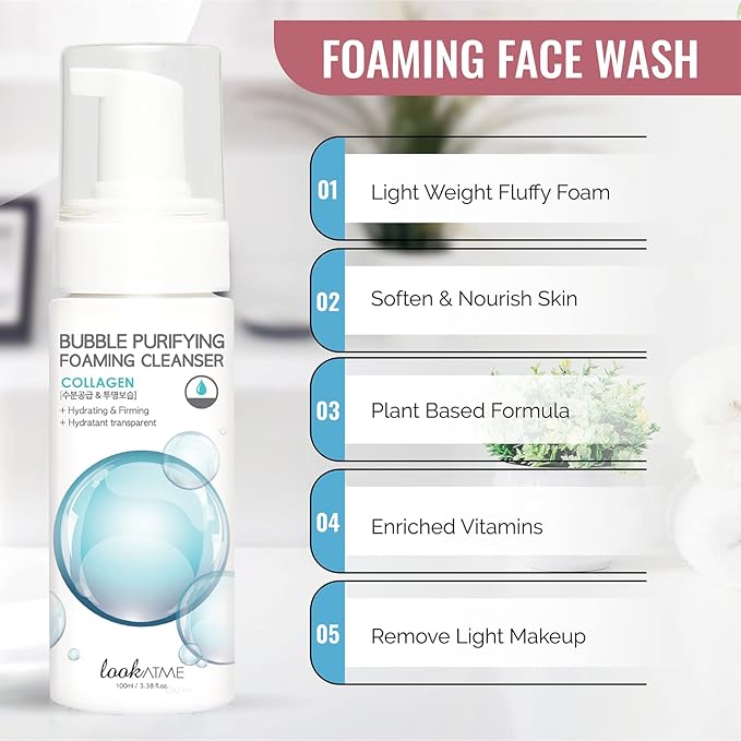 LOOKATME Korean Face Wash for Sensitive Skin - Water Based Bubble Skincare Cleanser - K Beauty Natural Acne Foaming Cleaner - Hydrating Skin Care Cleansing Foam with Low pH - Collagen