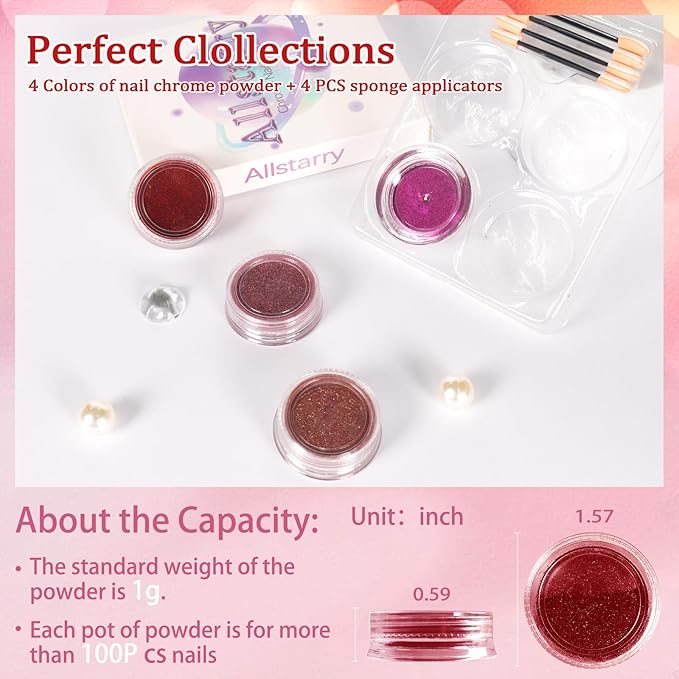 Allstarry Pink Chrome Nail Powder, Metallic 4 Colors Valentines Nails Powder Mirror Effect Manicure Pigment Pink Red Chrome Powder Glitter Dust Women Gifts Valentines Nail Art