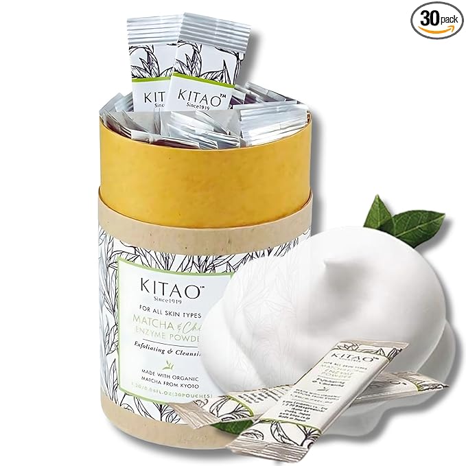 KITAO 30EA Exfoliating Enzyme Powder Face Wash for Women, Foam Face Wash Powder Travel Size with ECOCERT Level Matcha, Chia, Quinoa Seed& Ceramides, Foaming Facial Cleanser for Men Made in Japan