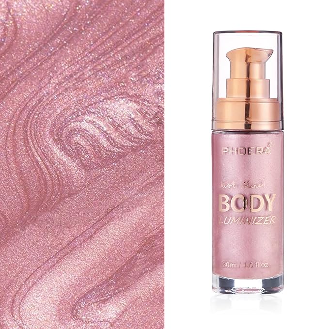 Body Shimmer Oil, Sparkle Pink Natural Glow Luminizer, Long Lasting Moisturizing Liquid Illuminator Highlighter Makeup for a Sun-Kissed Glow, Brush Include, 1oz, Fair