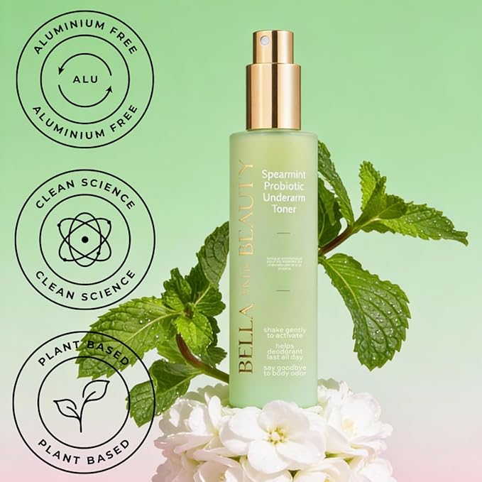 Bella Skin Beauty Deodorant Enhancer® Probiotic Underarm Toner - Spearmint - Patented Pre-Deodorant Spray That Helps Deodorants Last Longer and Helps Sweat Stay Odorless - Underarm Spray, Wipe, Apply